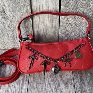 NWT Betsey Johnson Red XOASHTAN Bow Charm Shoulder‎ Crossbody Bag Heart Embossed